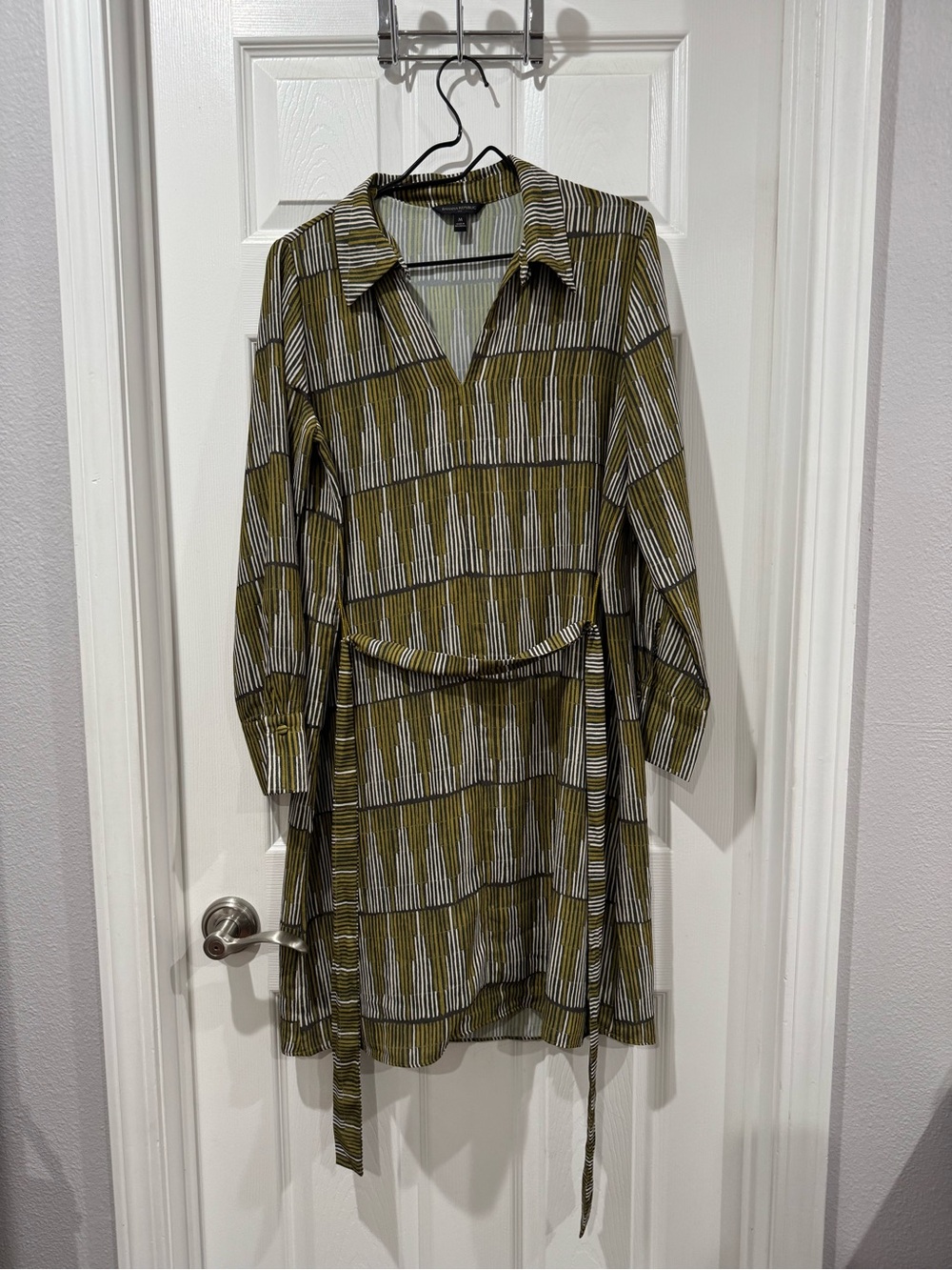 Banana Republic Olive Striped V-Neck Shirt Dress with Belt